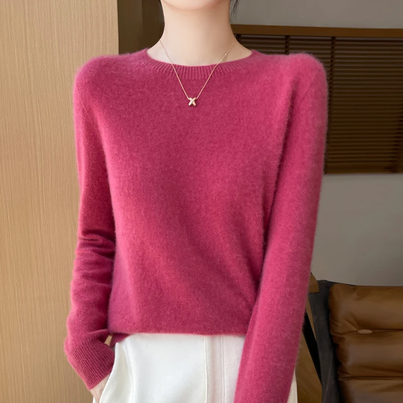 Fall/Winter 2024 New 100% Merino Wool Sweater Women\'s Round Neck Pullover Knitted Bottom Shirt Joker Loose Long Sleeve Knitwear