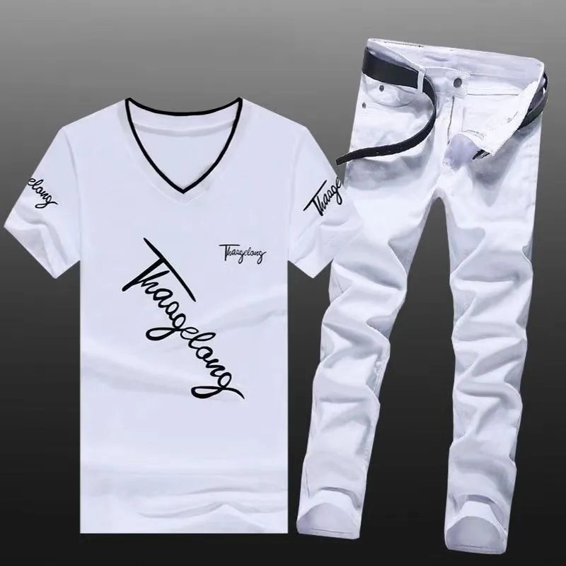 Summer Men Set Cotton T-Shirts Jeans Two Piece Suit Simple Casual T-shirt Denim Pants Sets