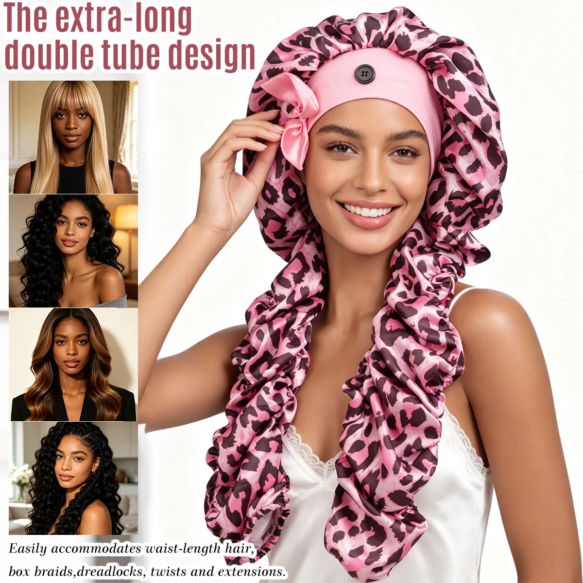 Long Satin Bonnet for Braids Adjustable Snap Button Hair Bonnet with Bow for Sleeping Suitable for Extended Hair Braids