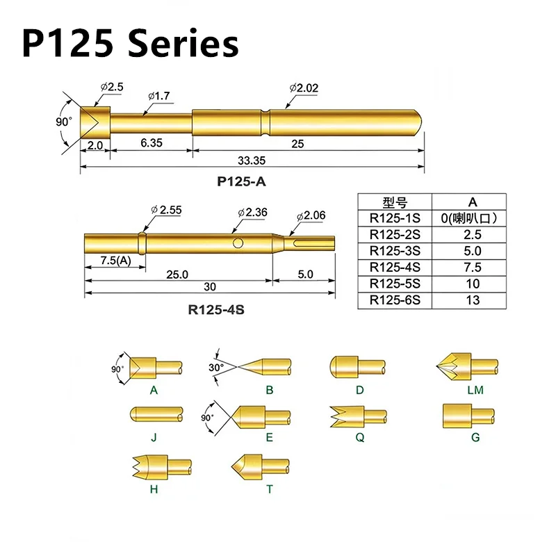 20PCS Spring Test Probe P125-A2 B1 E2 D2 J1 Q1 Q2 H2 T2 Outer Diameter 2.02mm Length 33.5mm PCB Pogo Pin