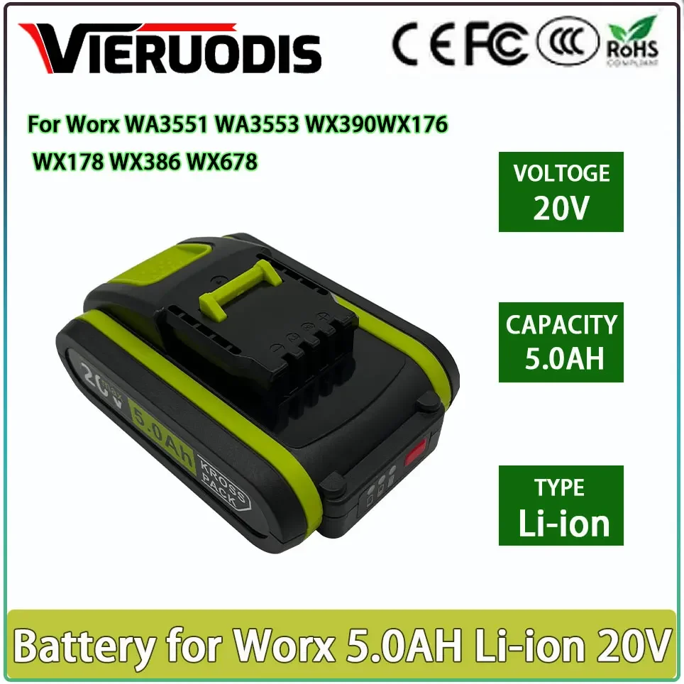 

Worx New Power Tools Rechargeable Replacement Battery 20V 5000mAh Lithium for Worx WA3551 WA3553 WX390 WX176 WX178 WX386 WX678