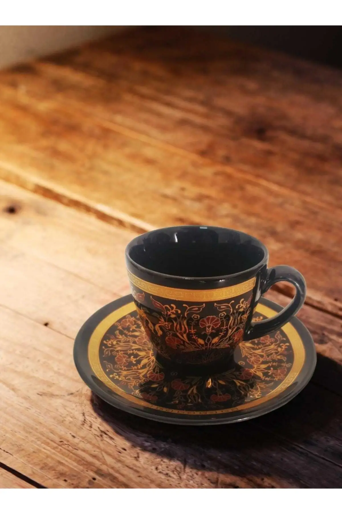 

Eye-catching Tile Patterned Black Gold Color Set of 6 Turkish Coffee Cups