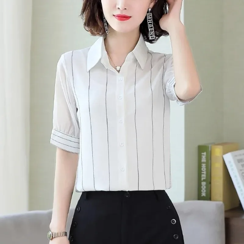 Women\'s Clothing Turn-down Collar Solid Color Summer Striped Button Cardigan Short Sleeve Shirt Formal Elegant Korean Tops