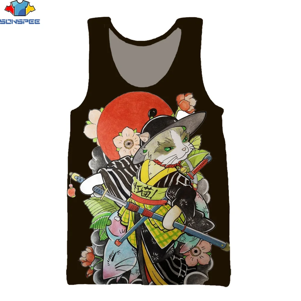 sonspee 3d new summer printed vests Japanese anime samurai cat katana Harajuku style funny solid color cartoon flowers tank tops