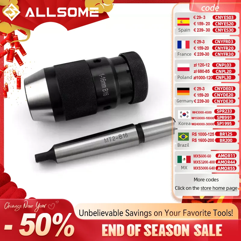 ALLSOME Keyless B16 1-16mm Lathe Drill Chuck MT2-B16 Arbor Self Tightening Drill Chuck HT2942