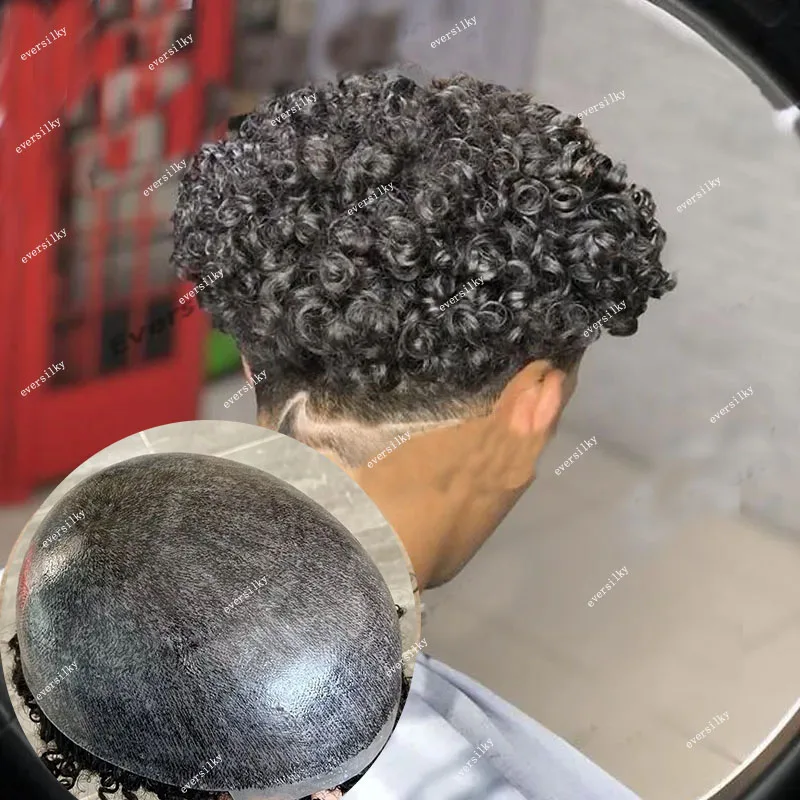 18mm Afro Curly 1B40 1B65 Grey Black Brown Super Durable Men Toupee Full Skin Pu Human Hair Wig Replacement Microskin Prosthesi