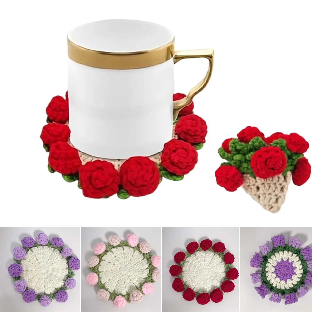 

Mini Crochet Rose Tulip Flower Coaster Bouquet 2-in-1 DIY Knitted Cup Mat Creative Decorative Gift for Coffee Tea Cup Porta Copo