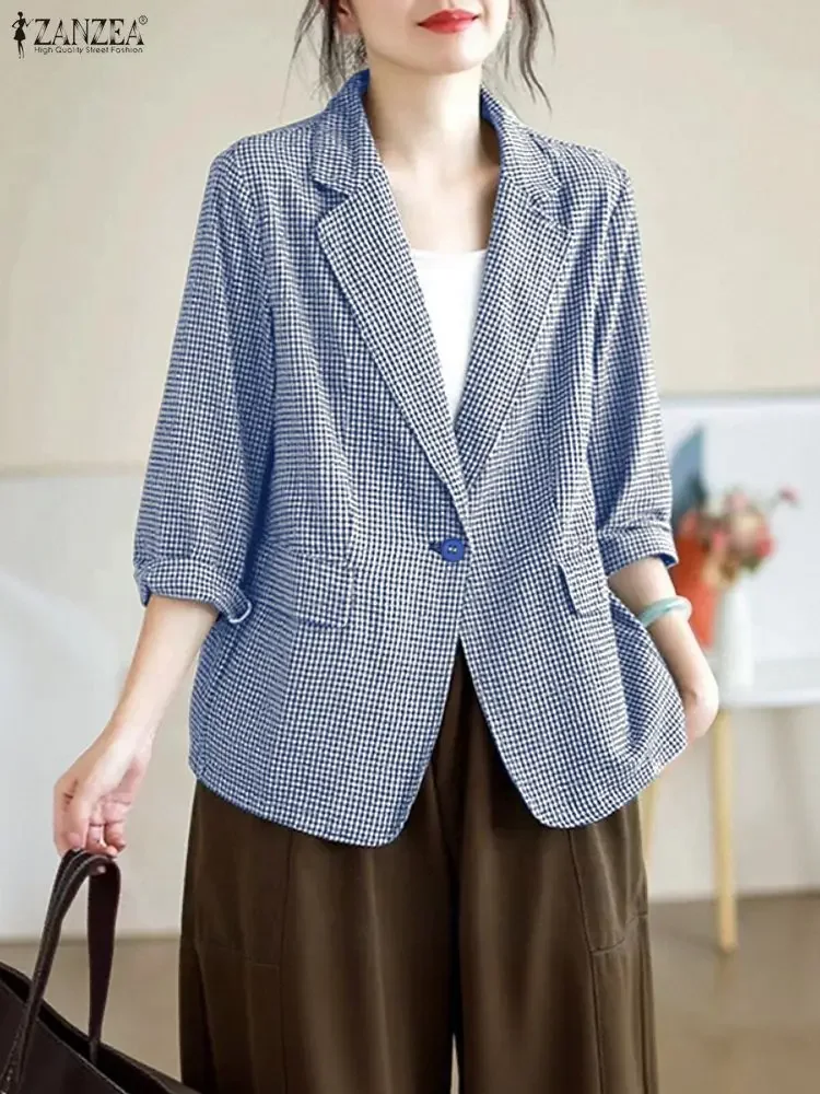 2025 ZANZEA Fashion Musim Gugur Blazer Kotak-Kotak Wanita Lengan Panjang Setelan Kasual Longgar Elegan Mantel Kantor Wanita Musim Dingin Kancing Luaran