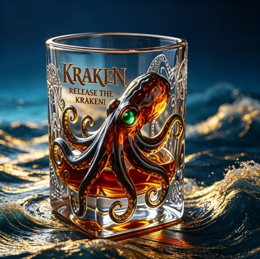 Elegant Gold Laurel Octopus Art Wine Glass, Heavy Base Spirits Cup, Home Bar Decor Barware Gift for Men