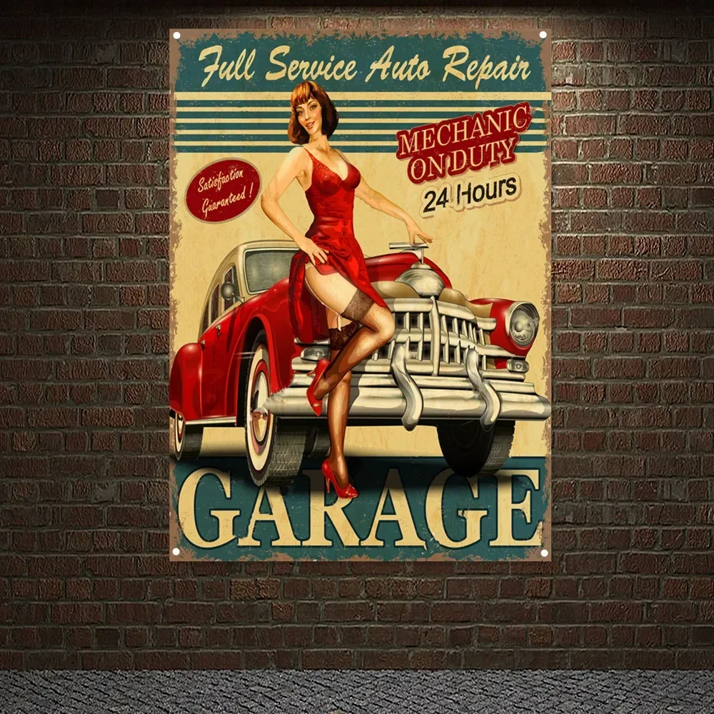 MECHANIC ON DUTY 24 Hours Vintage CAR SERVICE & REPAIR Poster Tapestry Pin Up Girl Banner Wall Painting Garage Home Decor Flag