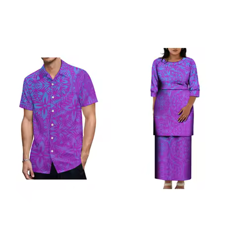 Women'S Round-Neck Dress Set Puletasi Red Clothing Set Pacific Art Island Retro Pattern Party Celebration Evening Dress