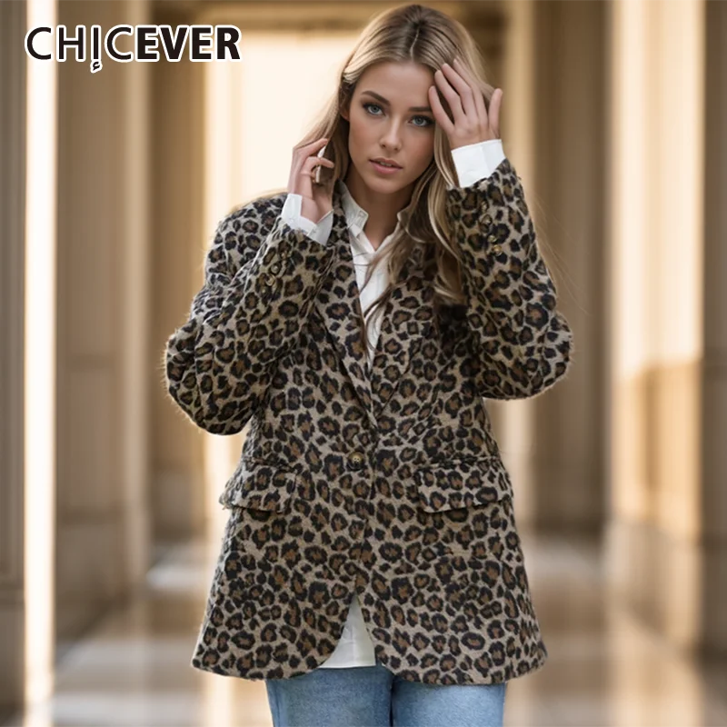 CHICEVER Streetwear Leopard Print Blazer Coat For Women Notched Collar Long Sleeve Patchwork Single Button Jacket Female Clothes