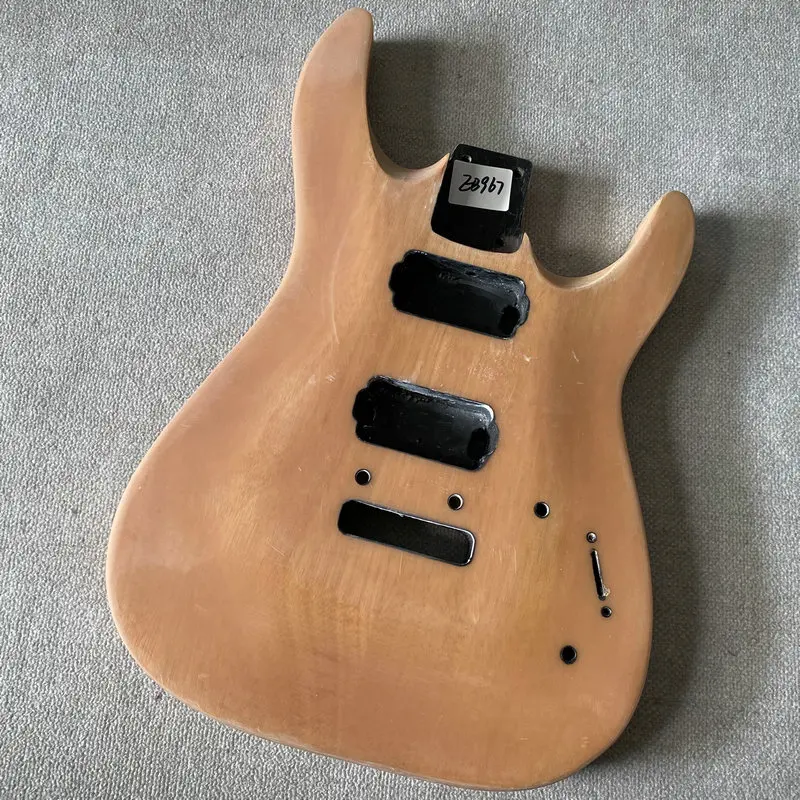 EB967 Natural Solid Okoume Unfinished Electric Guitar Body 2 Pivots Bridges Humbucker X2 Pickups DIY Replace Parts with Damages