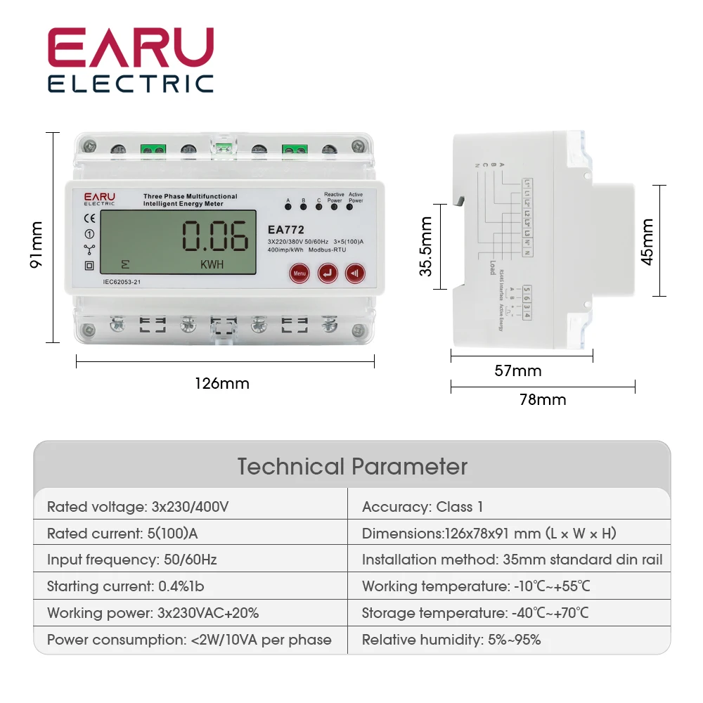 Faktor daya energi dua arah elektronik pintar, tiga fase multifungsi 100A lebih dari bawah tegangan arus