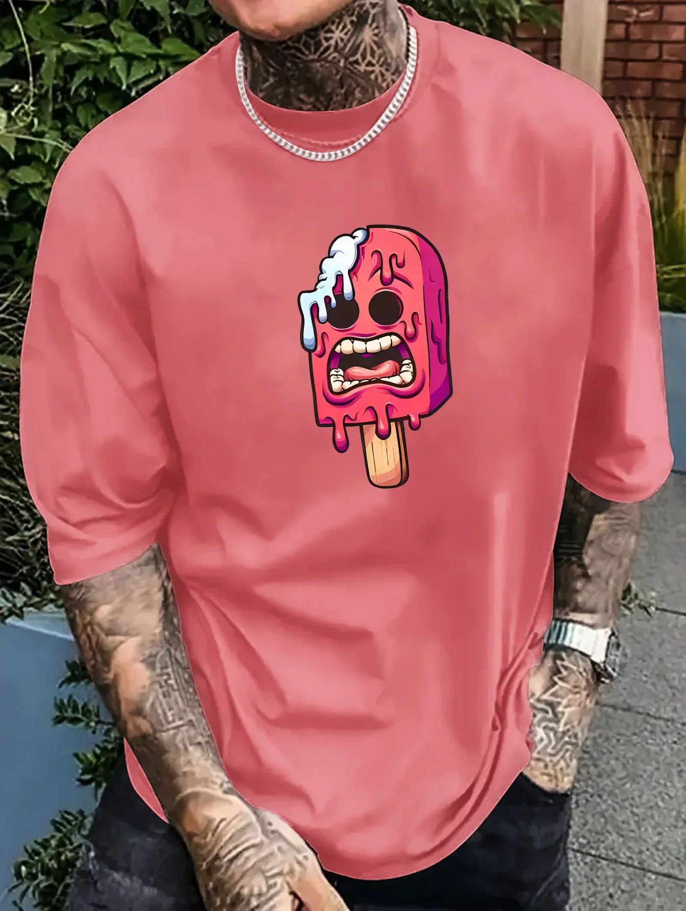 

2025 New Men's Pink Popsicle Graphic T-Shirt - Funny Cartoon Design,Casual & Comfortable Polyester,Short-Sleeved,Versatile
