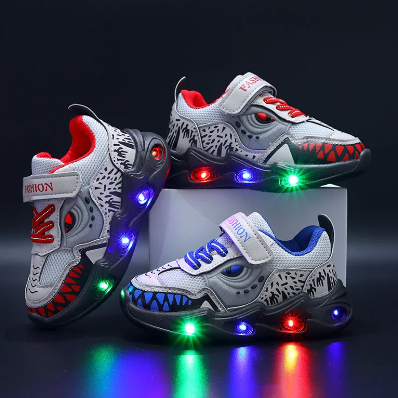 2024 Boys New Cartoon Sneakers Children Baby Autumn LED Luminous Sports Shoes Kids Shark Casual Light Up Shoes Size 22-31