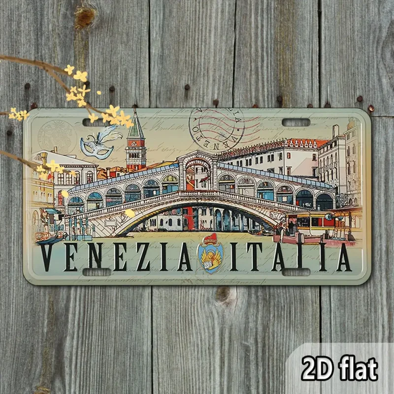ملصق سفر إيطالي عتيق مسطح ثنائي الأبعاد - لافتة ديكور جدارية معدنية من فينيسيا إيطاليا مع جسر ريالتو وجندول #3