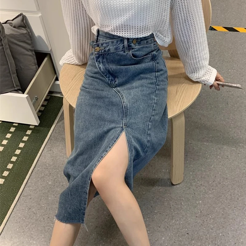 Vintage Women Casual Denim Skirt High Waist Split Front Long Jeans Skirts Midi Jeans Skirt Irregular Waist Slim-Fit Skirts Girls