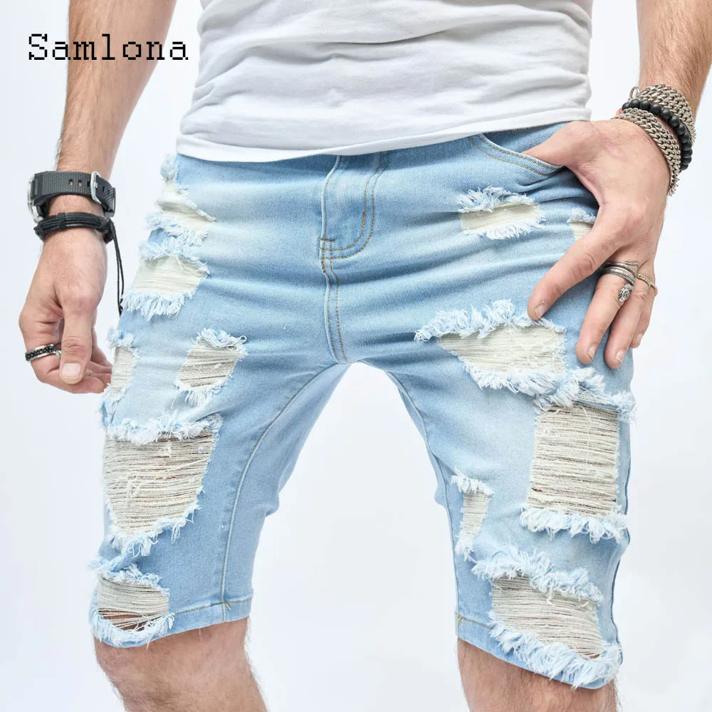 Samlona Men Leisure Spliced Fashion Hip Hop Demin Shorts 2023 Summer New Sexy Ripped Short Jeans Male Casual Skinny Demin Shorts