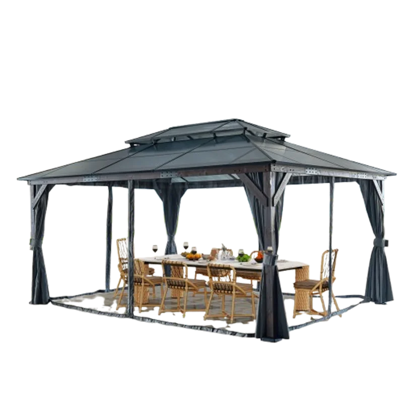 Hardtop Wood Gazebo Patios Outdoor Framed Gazebo Polycarbonate Double Roof Canopy Solid Wooden Framed Gazebo Privacy Curtains