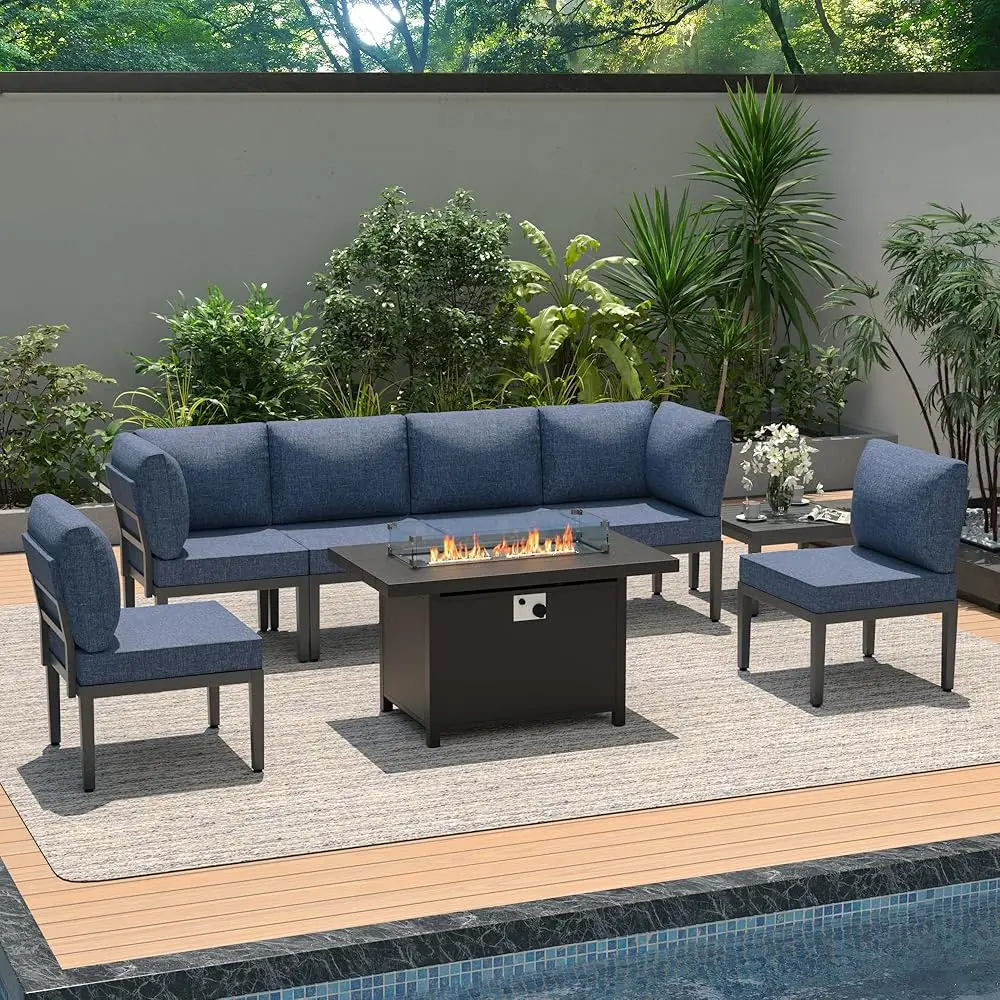 

Patio Furniture Set,8 Pieces Metal Modern Outdoor Furniture W/Fire Pit,Outdoor Sectional Sofa W/5.1"" Cushions And Coffee Table