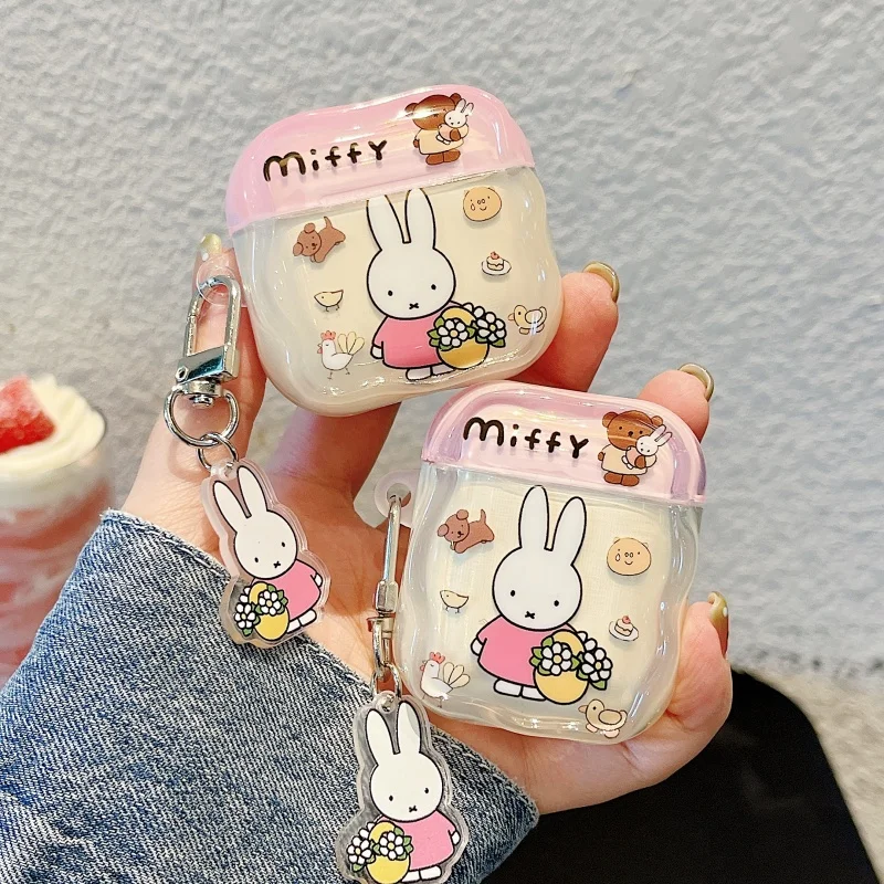 Cute Cartoon Miffy Rabbit Earphone Case With Pendant Soft TPU Cover For AirPods 1 2 3 4 5 Pro 3 2 Earbuds IMD Wave Border Cover