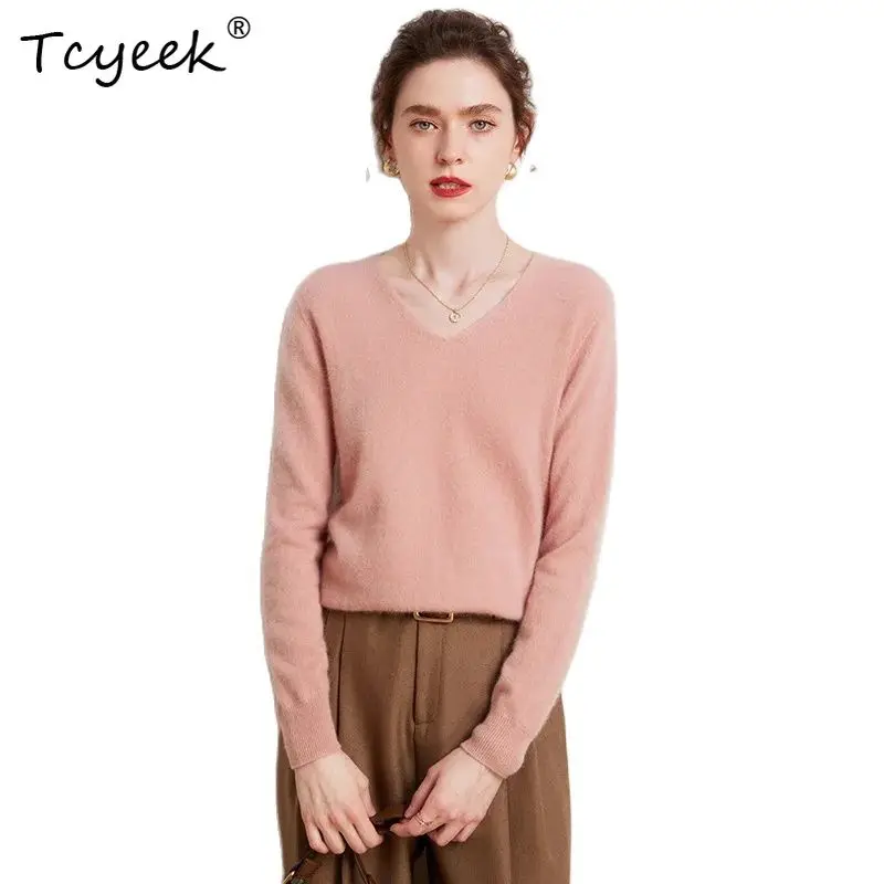 

Tcyeek, 12G 100%Pure Cashmere Elegant Sweaters, Women V Neck Seamless, Casual Bottom Pullover, 2024 Autumn Winter Top T48094QC