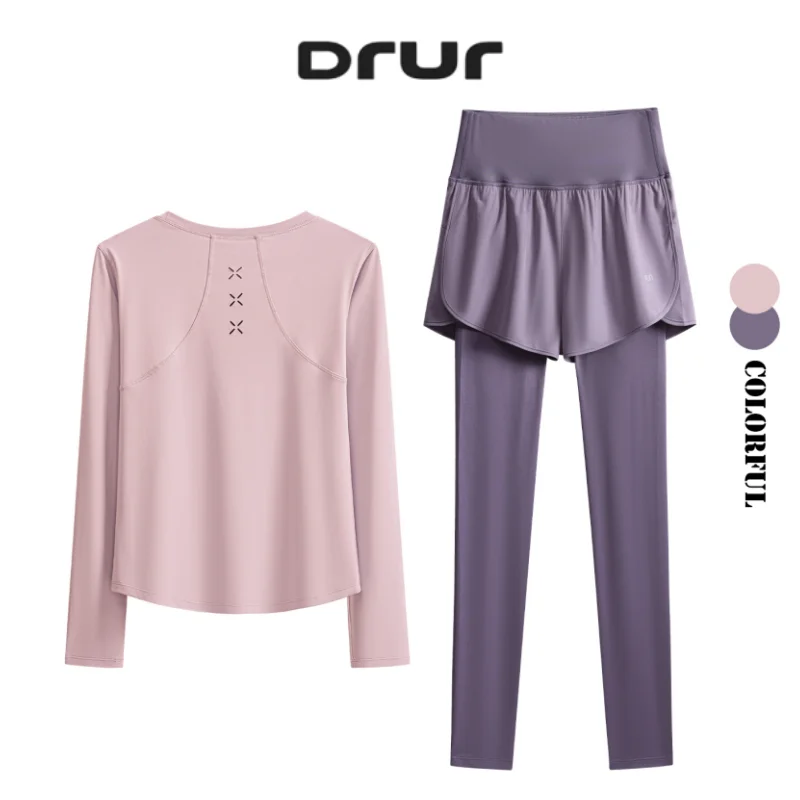 

DRUR Women's Yoga Set 2 Piece Long Sleeve Athletic Top High Waist Workout Pants Sets Gym Clothes Sportswear Outfit Running Suit