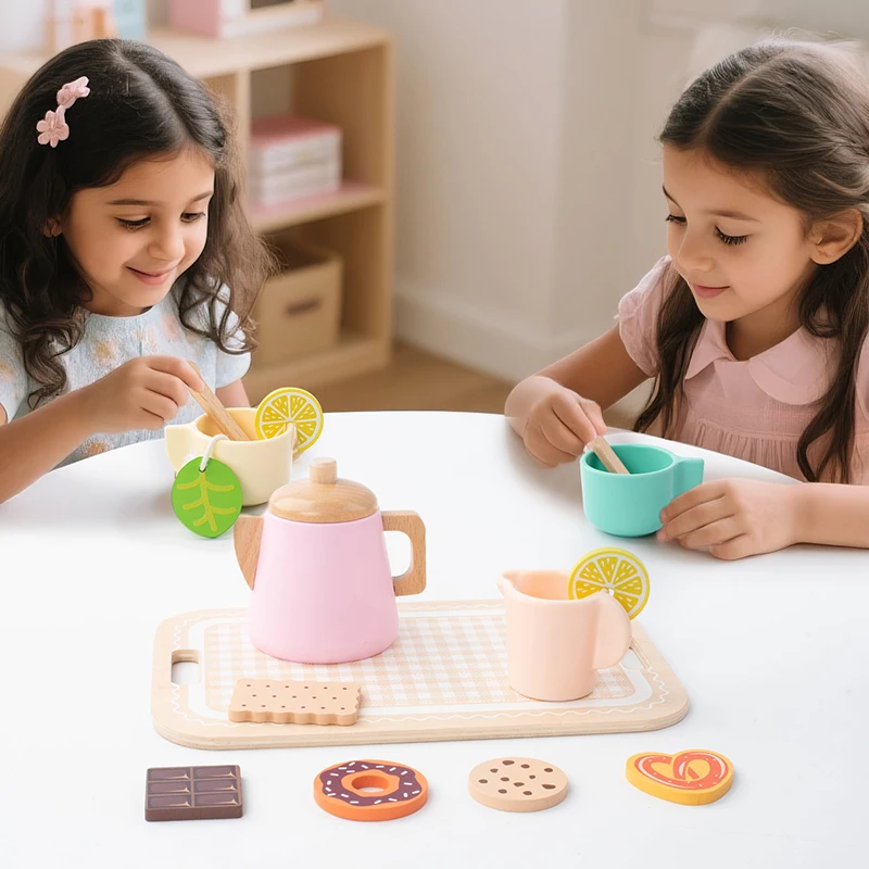 幼児用木製おままごとティーセット、子供用キッチンアクセサリー、パーティーごっこ遊びおもちゃ、女の子へのプレゼント