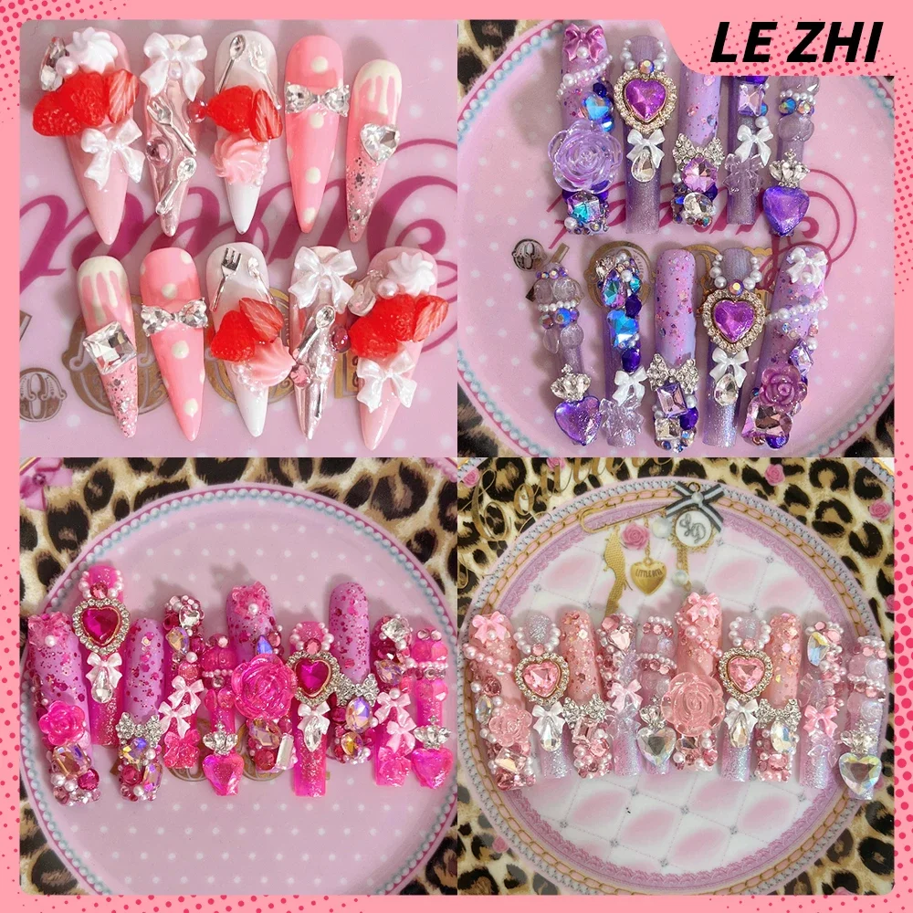 

Y2K Spice Girl Handmade Xl Long Square Duckbill Stiletto Fake Nails 3D Flower Bow Rhinestones Leopard Print Press On Nails Gift