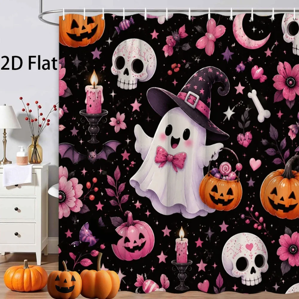 Cute Ghost Shower Curtain, Pink Skull & Pumpkin Print Waterproof Bathroom Decor, Girly Spooky Halloween Home Bath Screen
