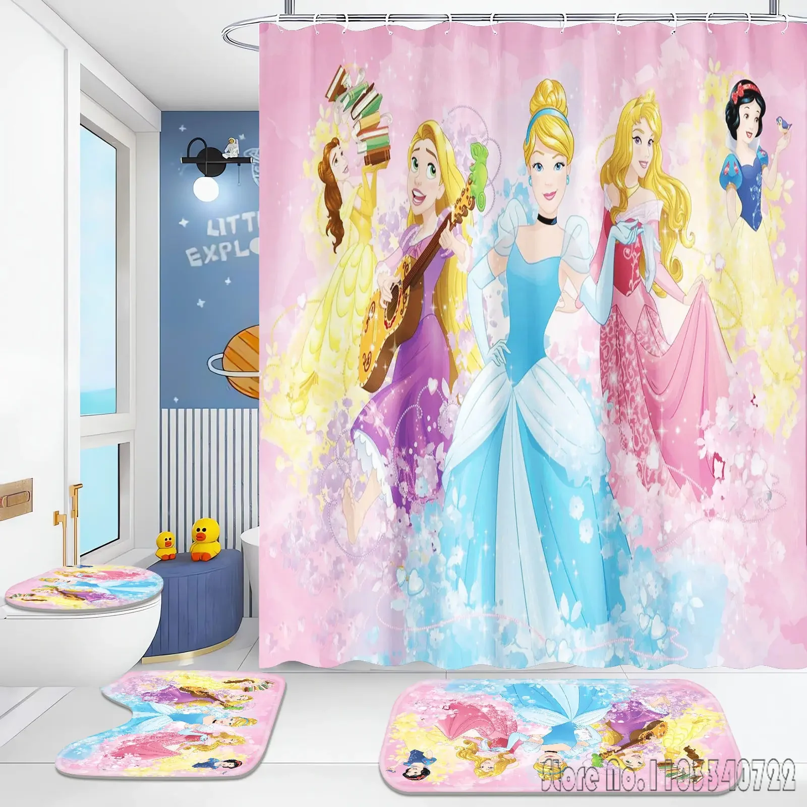 Snow White, Ariel, Princess Shower Curtain Bathroom Accessories 4 Piece Set Mats And 100% Polyester Decor Cute Funny home