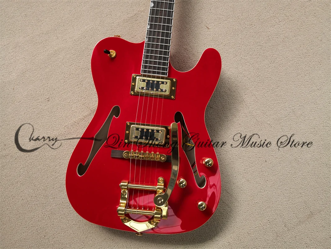 Red Electric Guitar, Tel Guitar, Hollow Guitar, Golden Tremolo Rocker, Fixed Bridge,Rosewood Fingerboard