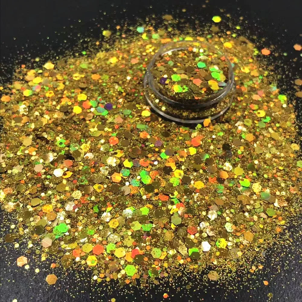 Purpurina iridiscente para decoración de uñas, 10 g/bolsa, lentejuelas holográficas, láser dorado/plateado, polvo colorido, brillante, hexagonal,