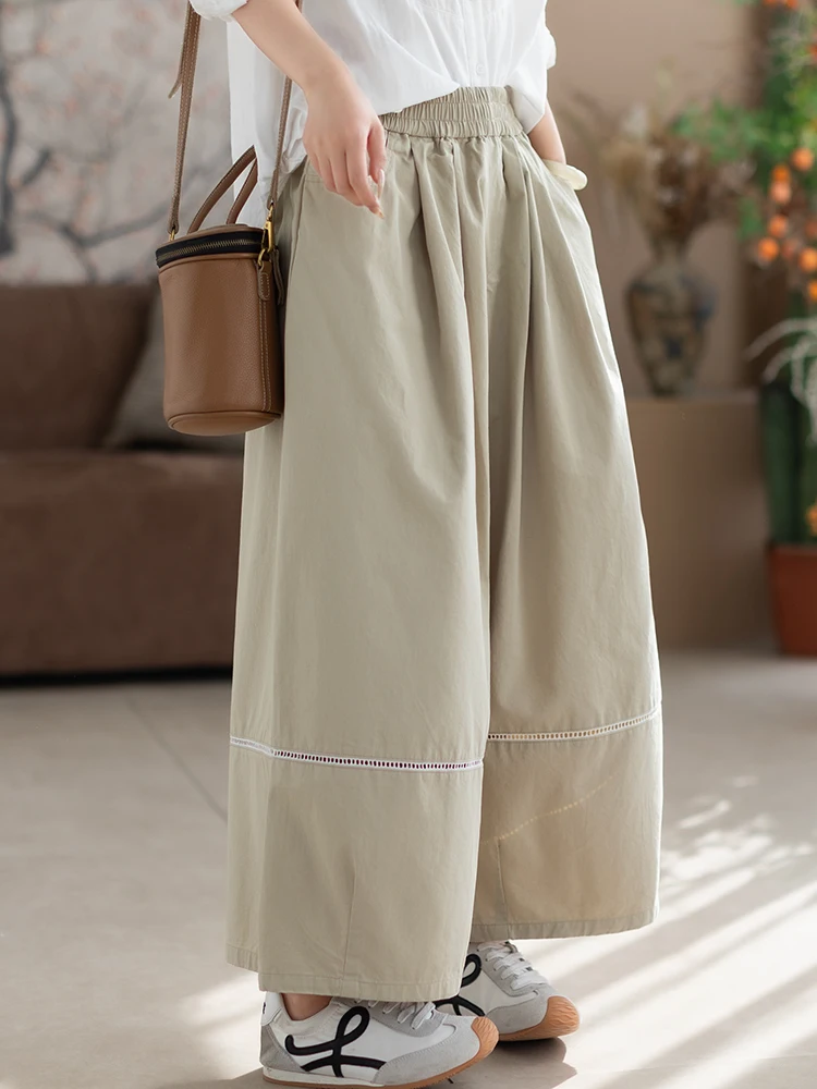 

Cyu 00% Cotton Wide Leg Pants Women's Straight Pure Color Retro Versatile Spring New Sle Casual High Waist Elastic Band