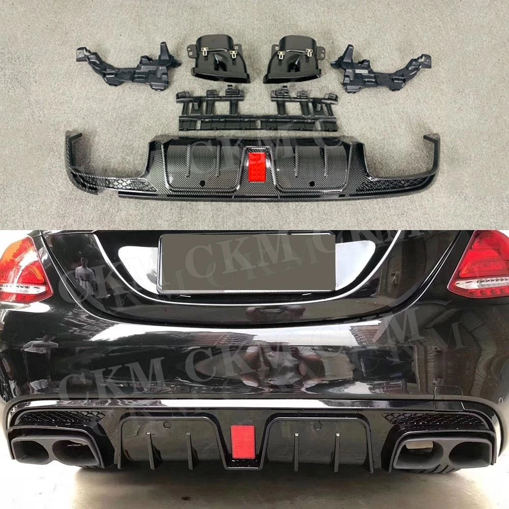 ABS Material Rear Bumper Lip Diffuser Light with Exhaust for Benz C Class W205 C200 C300 C43 C63 AMG 4 Door B Style 2015-2019