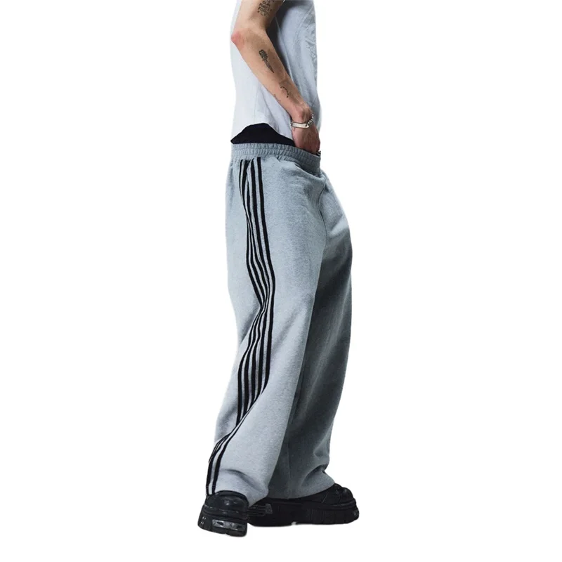 2024 Winter Men's Striped Sweatpants Fashion Male Elastic Waistband Loose Wide Leg Casual Pull On Athletic Casual Pants