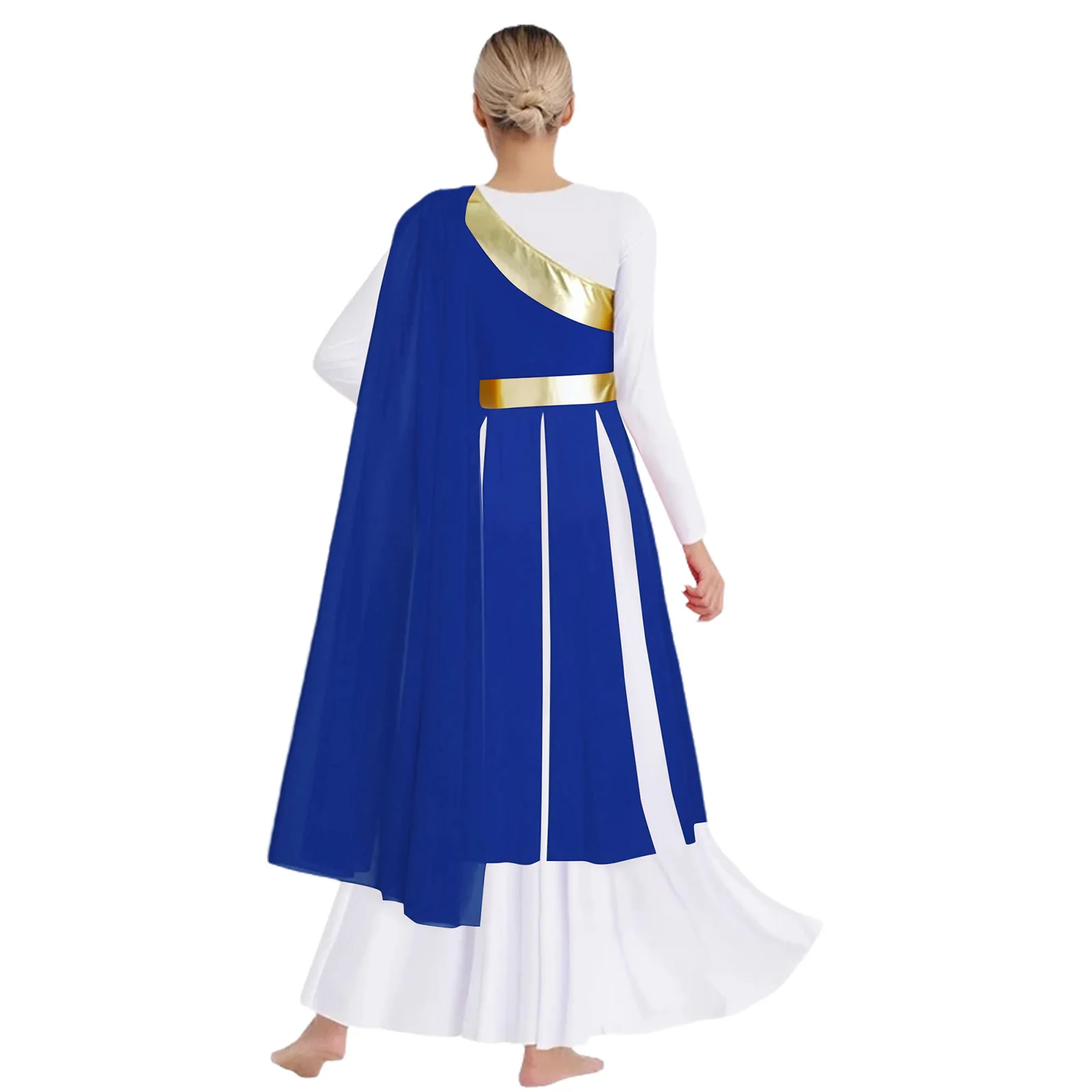 Womens Adults Lyrical Worship Praise Dance Dress One Shoulder with Drape Sleeveless Metallic Slit Hem Tunic Dress Dance Costume