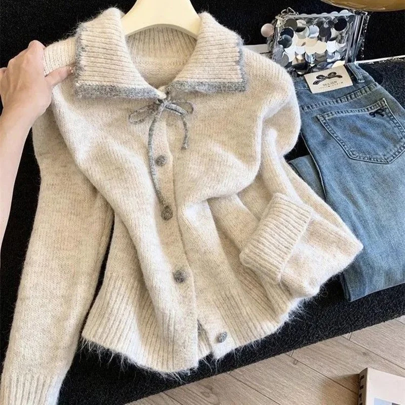 Women Sweet Fuzzy Knit Cardigan Contrast Collar Tie Front Sweater Red Buttons Big Collar Preppy Winter Warm Top Coat