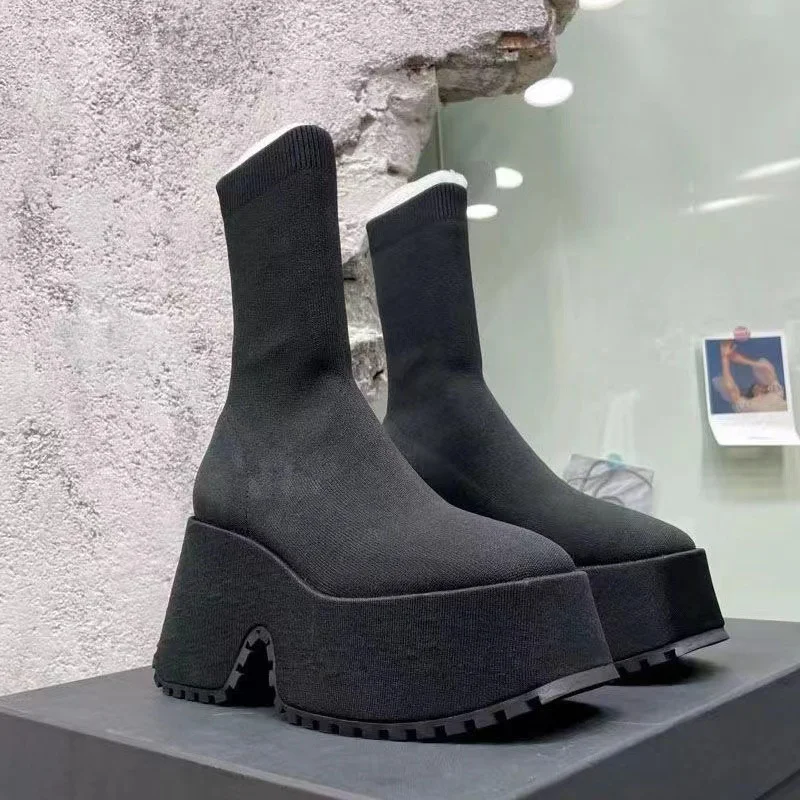 Botas Chelsea de tacón superalto para mujer, zapatos gruesos de plataforma, Sexy, color negro, 2023