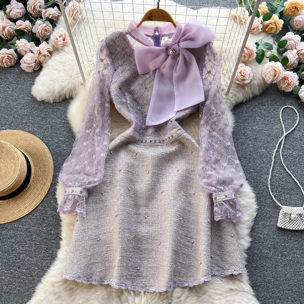 Elegant Long Sleeves Vintage Stand Collar Bow Chic Mesh Embroidered Beads Floral Slim A-line Dresses High Street Autumn Clothing