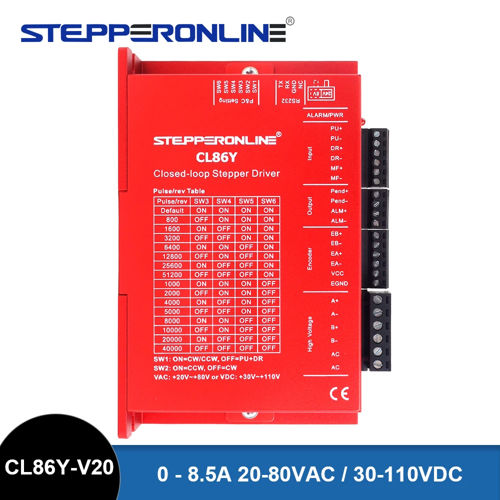 

STEPPERONLINE CL86Y V2.0 Hybrid Servo Driver Nema 34 Closed Loop Stepper Motor Driver 0-8.5A 20-80VAC/30-110VDC with RS232 CNC