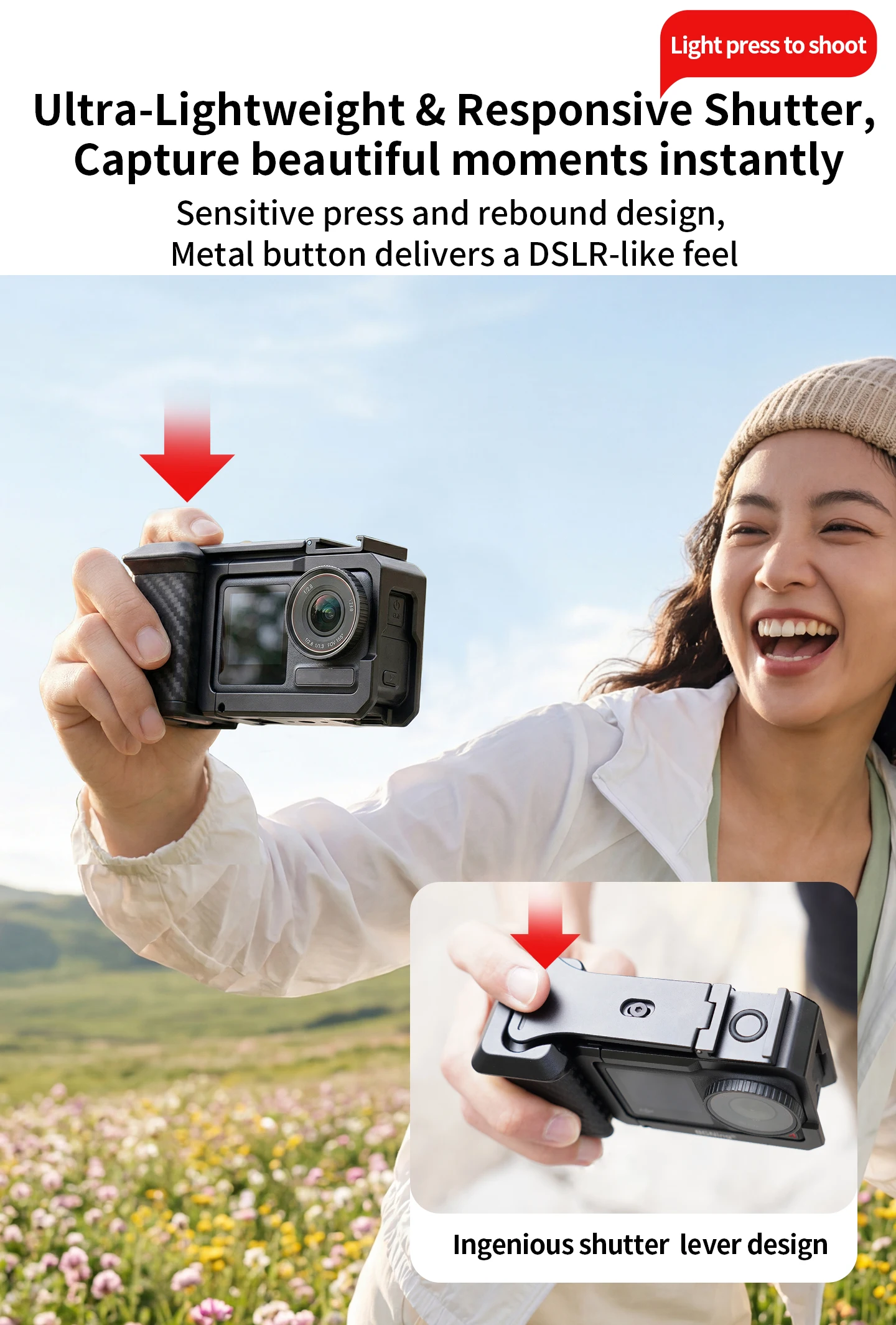 Schnellverschluss-Kamerakäfig-Griff für DJI Action 5 Pro 4 3 Metall-Rutschfester Griff Integrierter Auslöseknopf Straßenfotografie Vlog – Detail 4