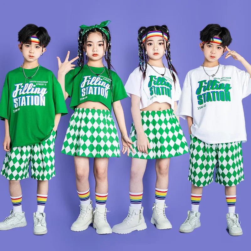 Kids hip hop dance performance costumes boys fashion green outfit Girls stage jazz cheerleading clothes