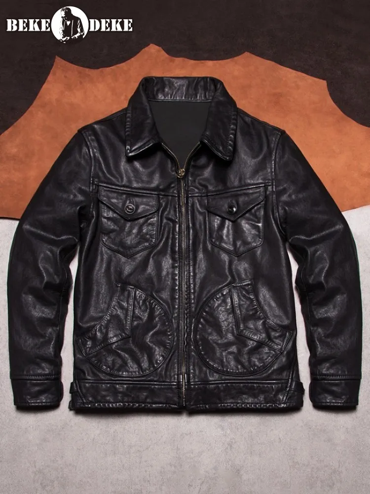 Vintage Mens Multi Pockets Cowhide Genuine Leather Jacket Slim Fit Motorcycle Biker Riding Coat Natural Leather Plus Size 6XL