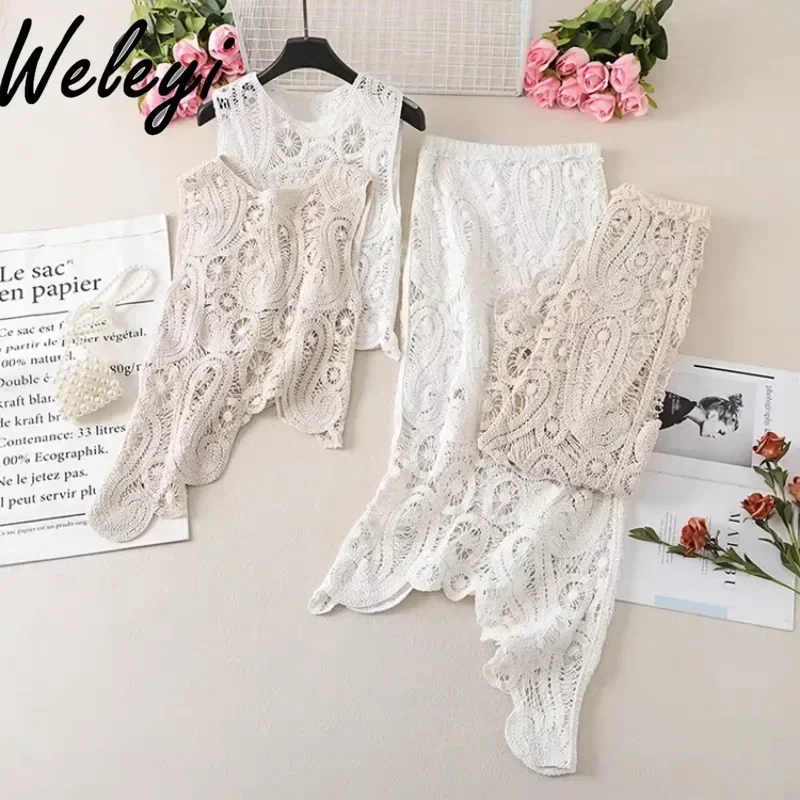 Eelgant Hollow Mesh Crochet Skirt Set 2024 Summer New Ladies Irregular Sleeveless Vest Top Mid-length High Waist Skirts Suits
