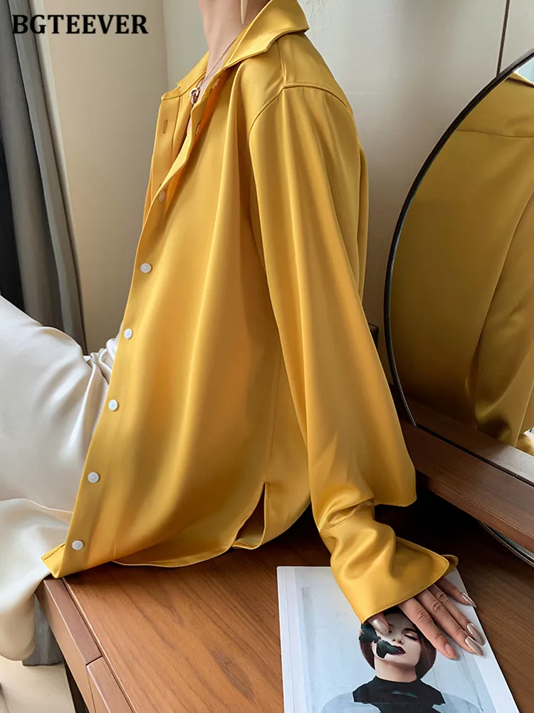 BGTEEVER Stylish Loose Single-breasted Female Satin Shirts Tops 2022 Spring Summer Blusas Full Sleeve Women Solid Blouse