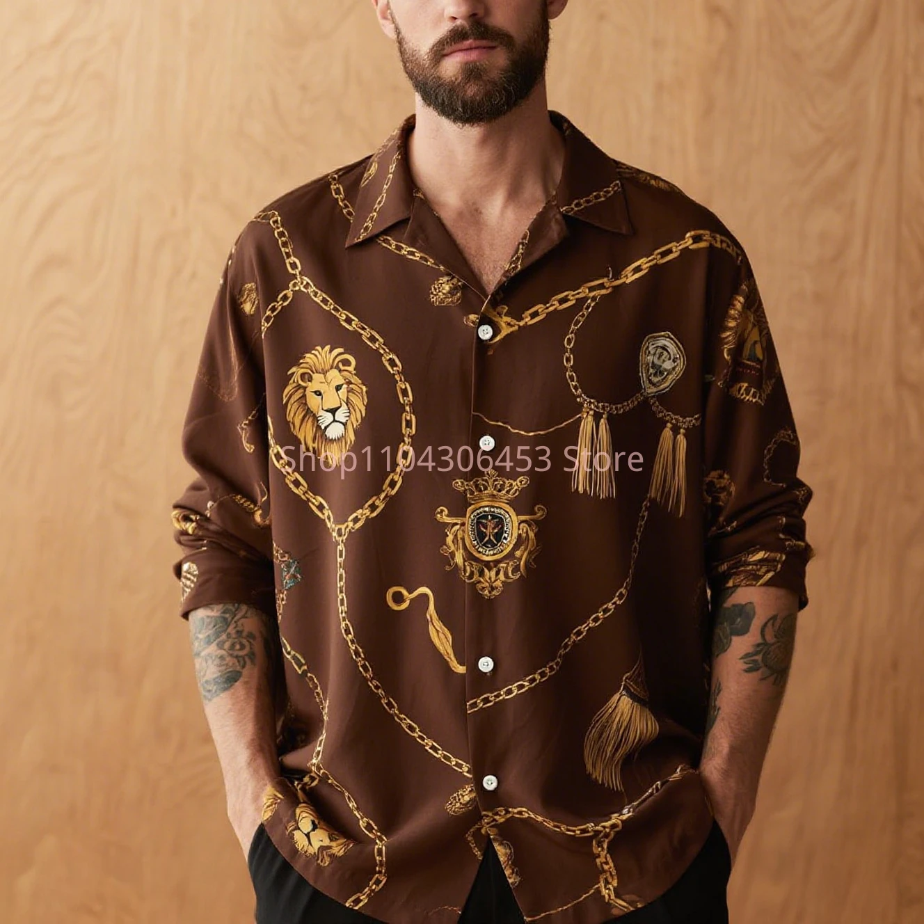 Men's Lion Chain Chain 3D Print Shirt Solid Color Long Sleeve Lapel Retro Business Casual Shirt Hawaii Beach Vacation Wholesale