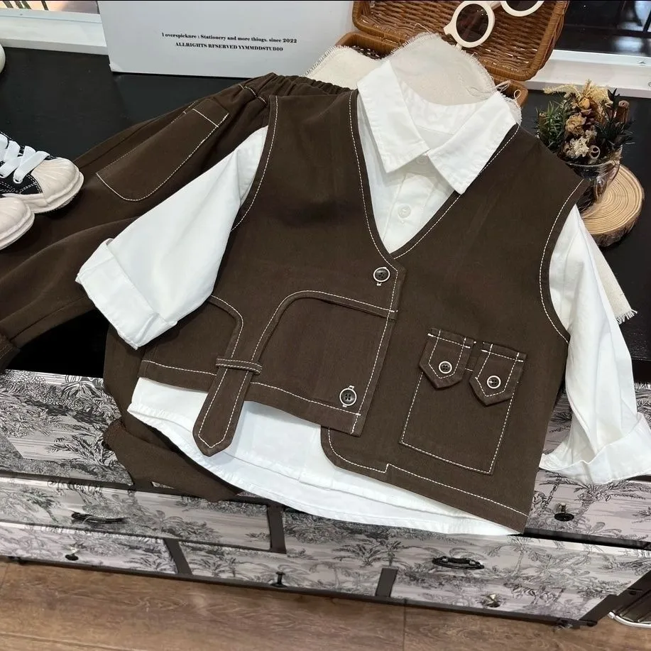 

Boys' Set Spring and Autumn New Style Children's Handsome Casual Shirt Vest Casual Pants 3-Piece Set