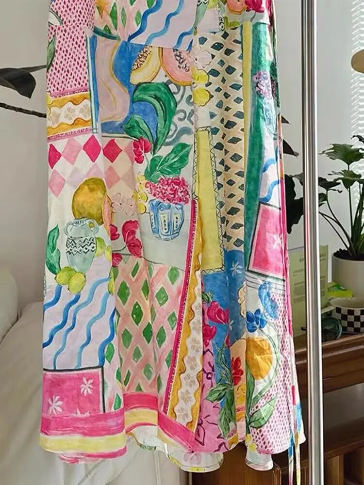 fiti Pink Print A-Line  Skirt Women's High Waist Midi Skirt Summer New Design Small Size Faionable Cotton Skirt